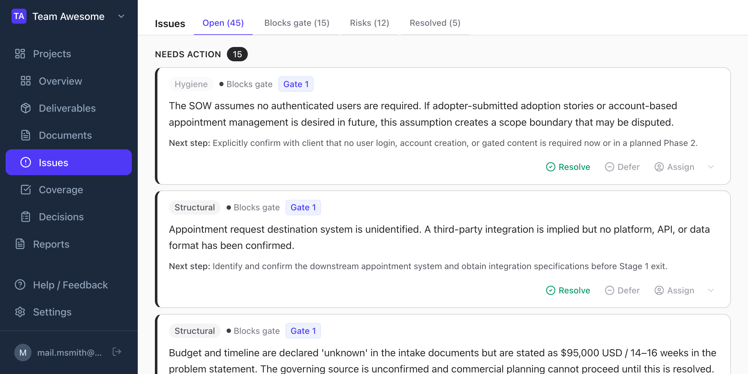 Preflight Issues view — showing open issues with type, severity, and gate-blocking status